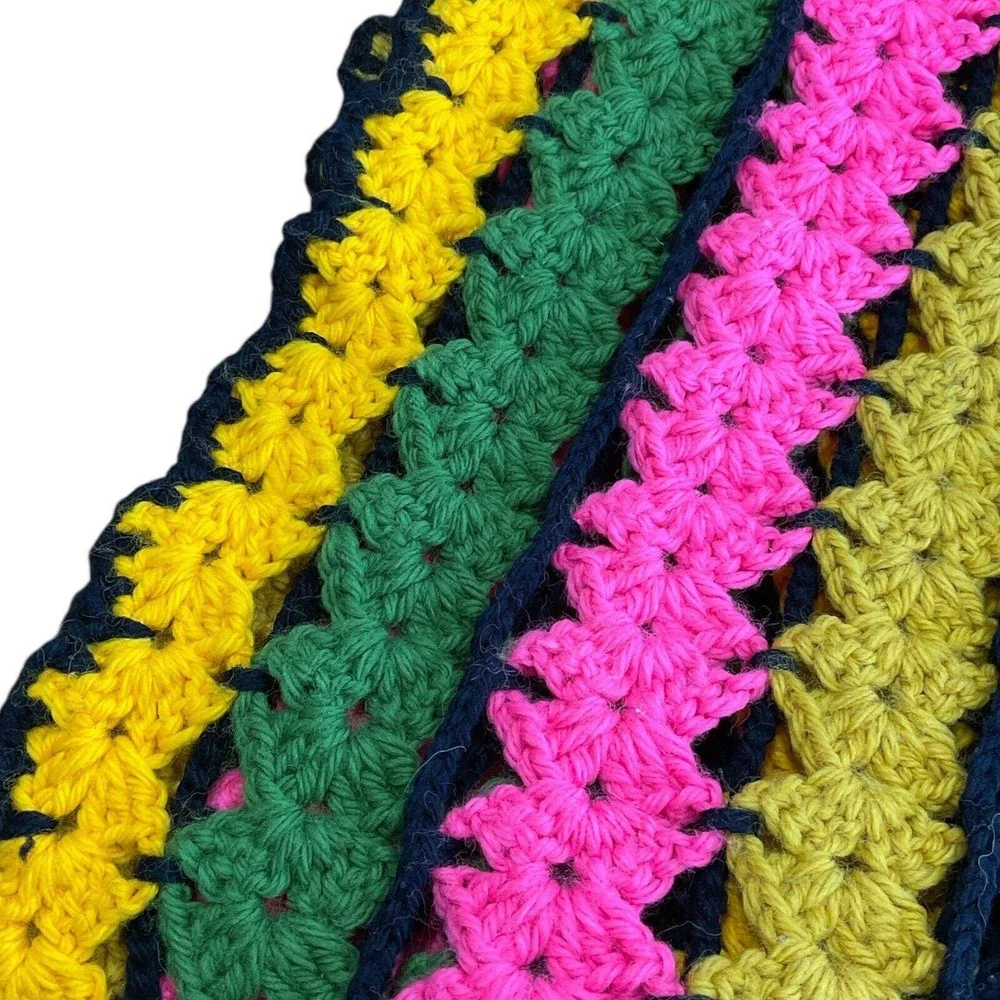 Vintage Handmade Crochet Striped Afghan Retro‎ Boho Sofa Throw Blanket